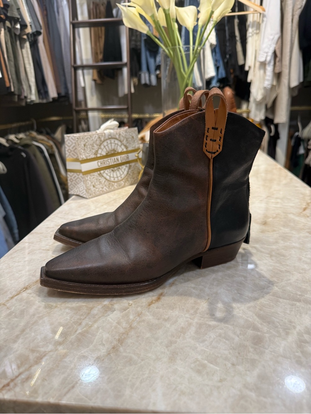We The Free Dark Brown and Tan Leather Cowboy Ankle Boots